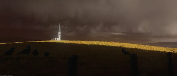Desolate Chapel in the Stormy Field - free art & design wallpaper 4428×1898