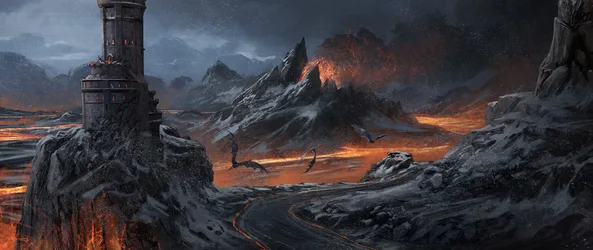 Dragon Over Volcano Tower in Lava Landscape - free wallpaper 3840×1617