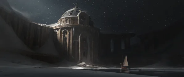 Starlit Harbor Ancient Architecture and Sailing Vessel - free fantasy wallpaper 3440×1440
