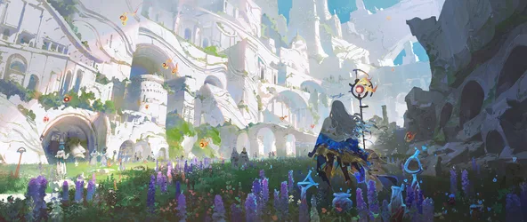 Qingying's Fantasy Kingdom with Purple Flowers - free wallpaper 4000×1687