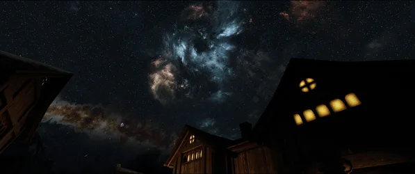 Skyrim Night Sky Over Ancient Settlements - free fantasy wallpaper 3440×1440