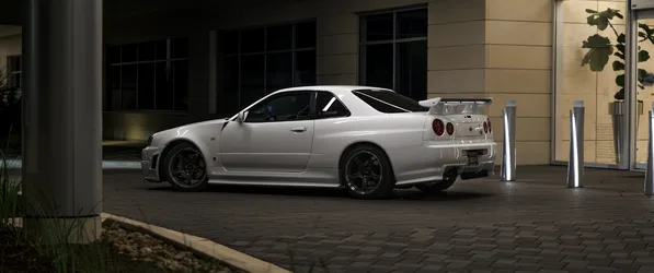 Nissan Skyline White Sports Car at Night - free wallpaper 3440×1440