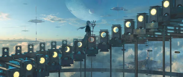 Gyoukan Above the Clouds in a Futuristic Sky City - free anime wallpaper 4700×2000