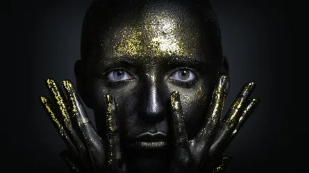 Grim Makeup with Gold Sparkles and Hands on Face - free people & portraits wallpaper 2500×1406