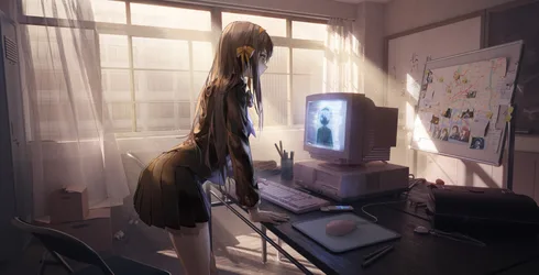 Girl At Computer Desk In Sunlit School Room - free anime wallpaper 4000×2037