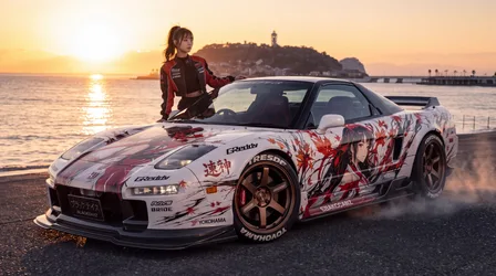 Honda NSX Girl Anime Sea Sunset - Sports Car Beach Portrait - free wallpaper 7680×4287