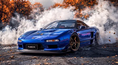 Honda NSX Blue Sports Car in Autumn Smoke Scene - free cars & vehicles wallpaper 7680×4287