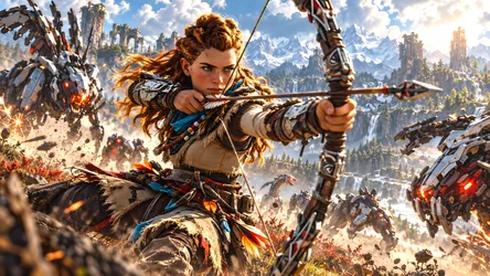Horizon Forbidden West - Red-Haired Woman with Bow in Mountain Landscape - free people & portraits wallpaper 8360×4705