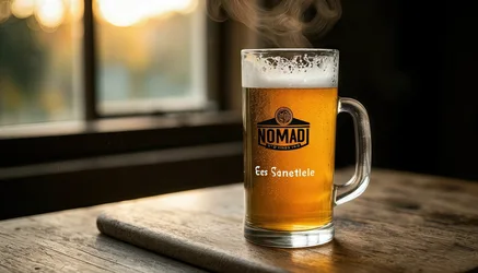 Nomad Beer Glass with Golden Ale on Wooden Table by Window - free food wallpaper 7680×4389