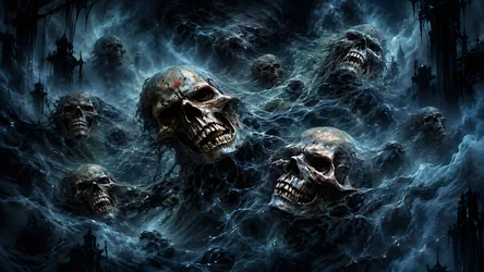 Skull Fog Storm - Ethereal Skulls in Mystical Blue Tempest - free dark wallpaper 6688×3764