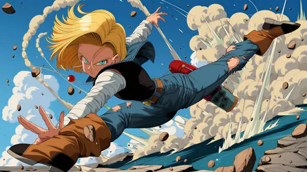 Android Blonde Warrior in Dynamic Combat Action - free anime wallpaper 2912×1632