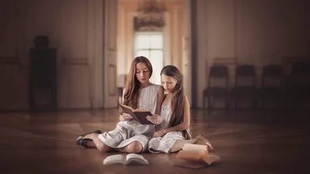 Palace Stories - Girls Reading Books in Grand Hallway - free people & portraits wallpaper 7680×4320
