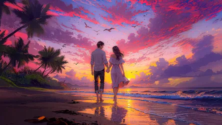 Two Lovers at Sunset Beach with Dramatic Clouds and Ocean Waves - free art & design wallpaper 5120×2879