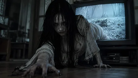 Creepy Pale Figure Crawling on Floor Before Television Screen - free dark wallpaper 6688×3764