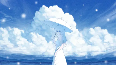 Girl With Umbrella Under Cloudy Sky - free anime wallpaper 2500×1406