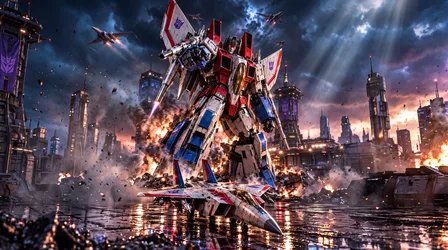 Starscream Transformer Robot Battle in Futuristic City Destruction - free wallpaper 5504×3072
