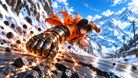 Anime Girl in Armored Gloves with Explosive Power in Mountain Pass - free anime wallpaper 7680×4322