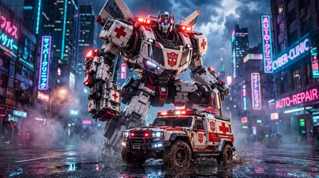 Autobot Emergency Response Robot in Cyberpunk Cityscape - free wallpaper 5504×3072