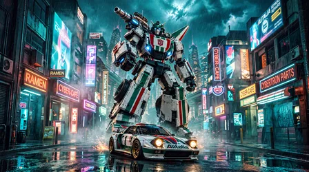 Autobot Towering Over Alita Sports Car in Neon Cyberpunk City - free wallpaper 5504×3072
