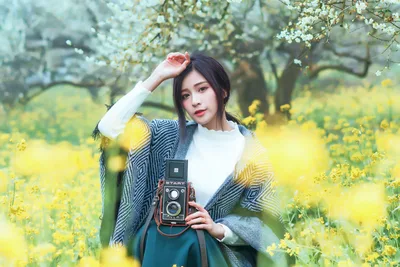 Asian Woman with Vintage Camera in Spring Garden - free wallpaper 2048×1366