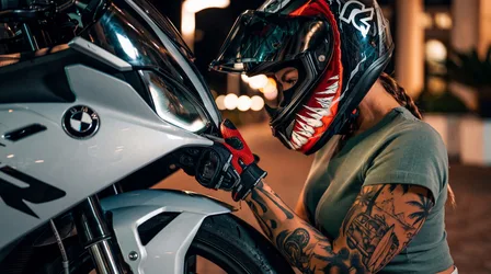 Tattooed Girl with BMW Motorcycle at Night - free wallpaper 7680×4287