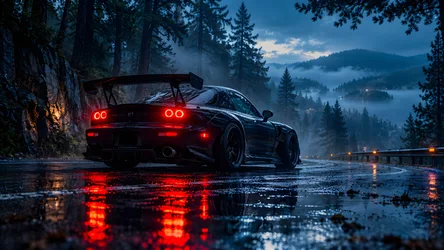 Mazda Sports Car on Forest Road at Dusk with Glowing Taillights - free cars & vehicles wallpaper 8360×4705