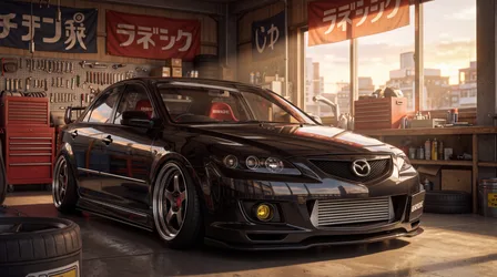 Mazda Performance Car in Modern Japanese Garage at Sunset - free cars & vehicles wallpaper 7680×4287