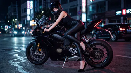 Bike Girl in Heels on Dark City Street at Night - free wallpaper 7680×4287