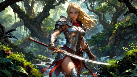 Blonde Female Warrior in Armor with Sword in Forest - free people & portraits wallpaper 7680×4315