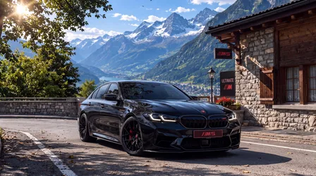 Black BMW M5 on Alpine Mountain Road with Snow-Capped Peaks - free wallpaper 7680×4287