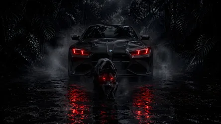 BMW and Panther: Nocturnal Jungle Chase with Red Eyes - free animals wallpaper 7680×4322