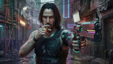 Cyberpunk Character with Futuristic Weapon in Neon City Street - free wallpaper 3840×2160
