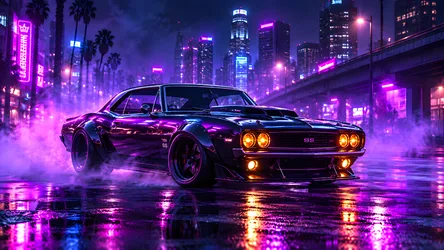 Chevrolet Muscle Car Night: Neon-Lit Urban Street Scene - free cars & vehicles wallpaper 8360×4705