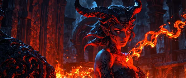 Demon with Pretty Look in Fire and Hell - free dark wallpaper 2768×1160