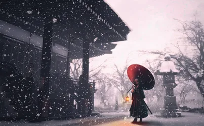 Girl With Red Umbrella At Snow-Covered Temple - free anime wallpaper 3478×2160