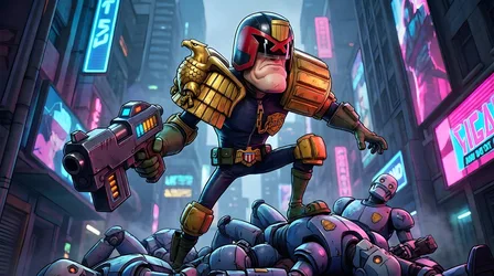 Dredd Gun Parody - Armored Judge in Cyberpunk Neon City - free wallpaper 2752×1536