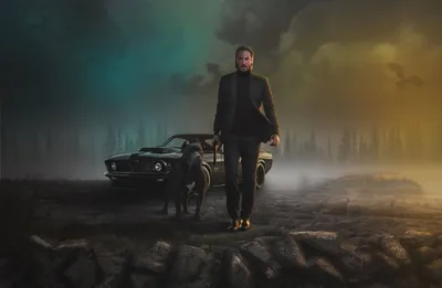 John Wick with Dog and Classic Mustang in Misty Forest - free movies & tv wallpaper 3840×2504