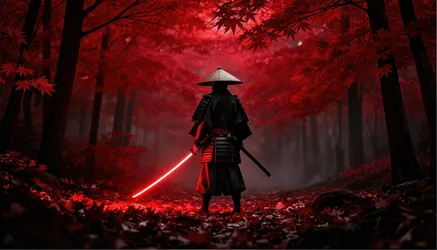 Fantasy Samurai Ronin in Red Forest with Glowing Sword - free fantasy wallpaper 3840×2194