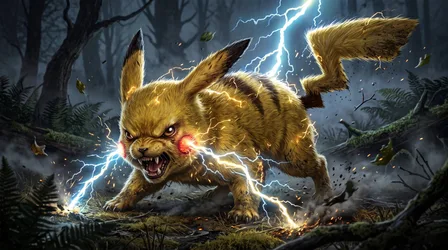 Fantasy Pokemon Pikachu Monster in Thunderstorm Forest - free cartoons & comics wallpaper 7680×4287