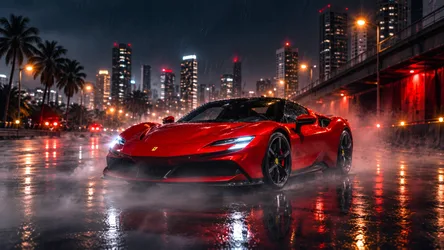 Ferrari in Rain-Soaked Urban Night with City Lights - free wallpaper 8360×4705
