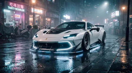 Ferrari White Street Road - Luxury Sports Car in Neon-Lit Asian Urban Night - free cars & vehicles wallpaper 5504×3072