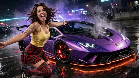 Woman Posing With Purple Supercar in Neon City - free wallpaper 7680×4320