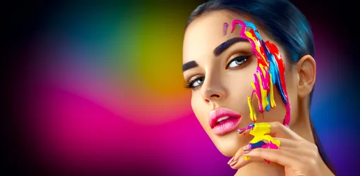 Glamour Girl with Fluid Makeup and Vibrant Rainbow Paint Drips - free abstract wallpaper 10000×4898