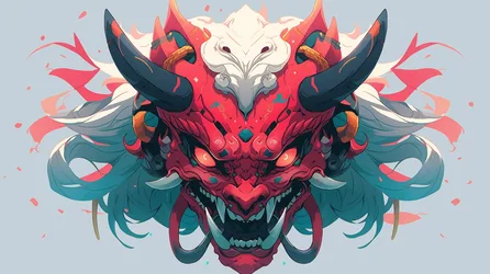 Demon Mask with Red Face, White Hair, and Horns - free art & design wallpaper 2912×1632