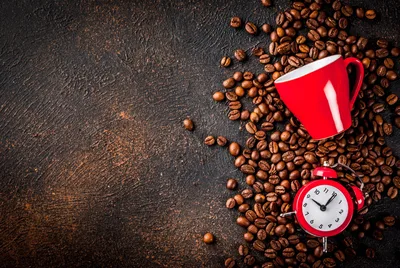 Red Cup, Clock, And Coffee Beans On Dark Textured Surface - free photography wallpaper 7680×5141