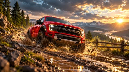 Ford Dirt Pickup Truck Splashing Through Mountain Stream at Sunset - free cars & vehicles wallpaper 8360×4705