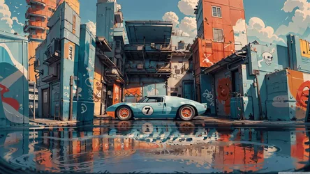 Ford Factory Water - Vintage Race Car in Urban Industrial Courtyard - free cars & vehicles wallpaper 3840×2160
