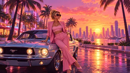 Ford Mustang GTA Style Girl at Sunset Waterfront - free people & portraits wallpaper 8360×4705