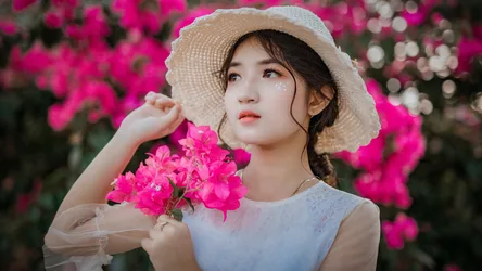 Asian Woman in White Hat Among Pink Bougainvillea Flowers - free people & portraits wallpaper 7680×4320