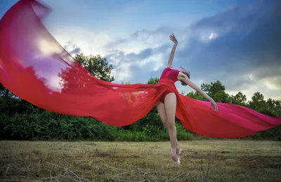 Girl Ballerina Dancing in Red Dress on Open Field - free people & portraits wallpaper 7680×4965